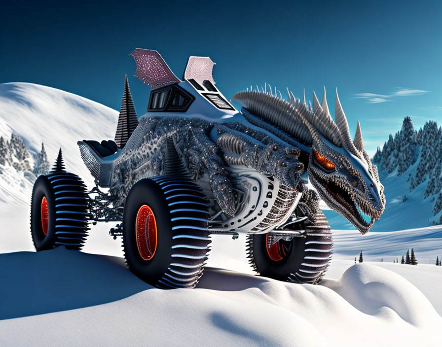 Monstrous Dragon-Like Vehicle with Detailed Design in Snowy Setting