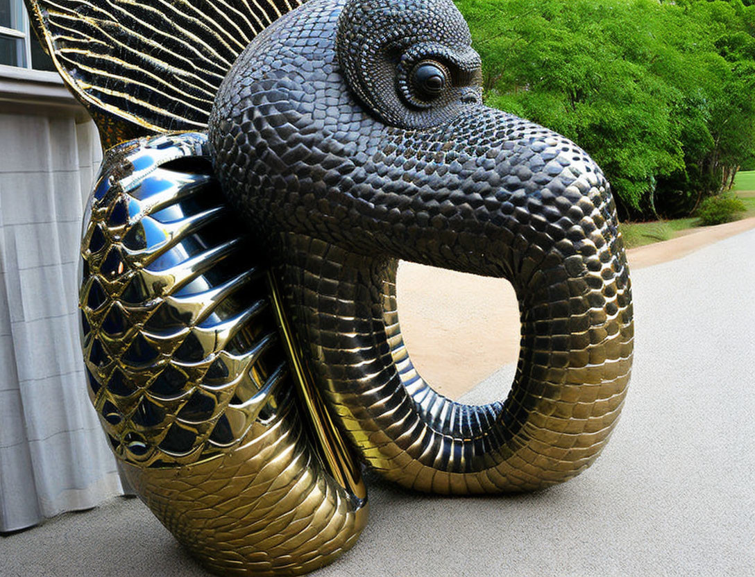 Metallic sculpture with intricate snake-like patterns and golden scales.