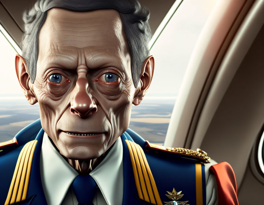 Detailed illustration of elderly man in military attire gazing out airplane window, somber expression.