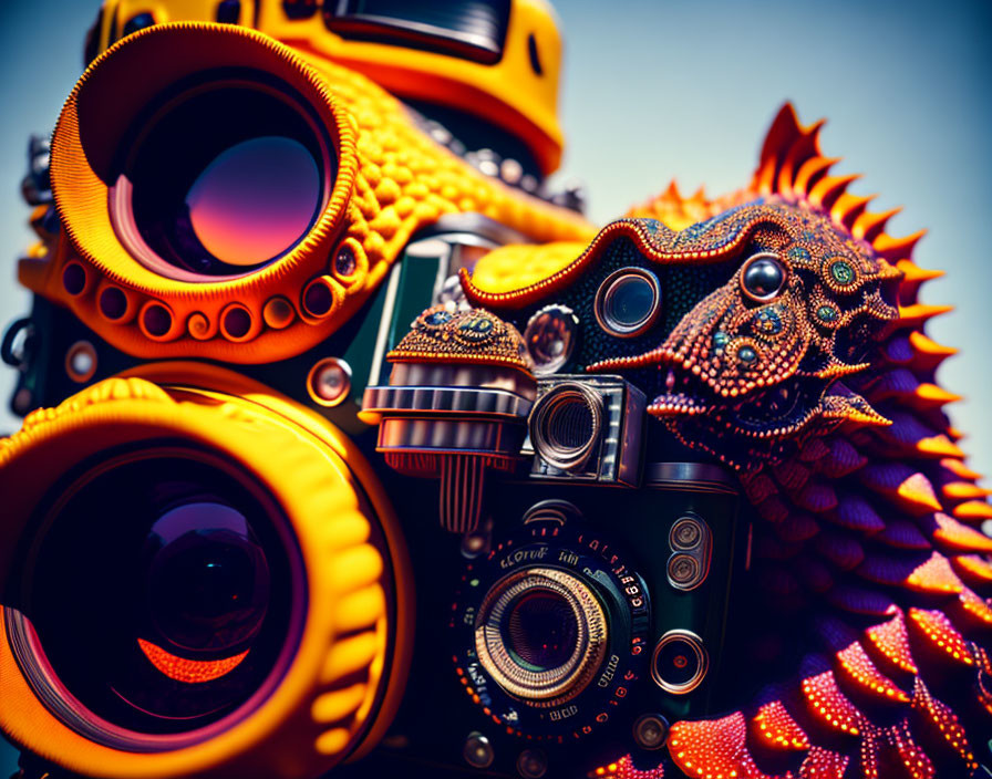 Colorful Camera Lenses and Vintage Camera Amidst Textured Mechanical Sea Creatures