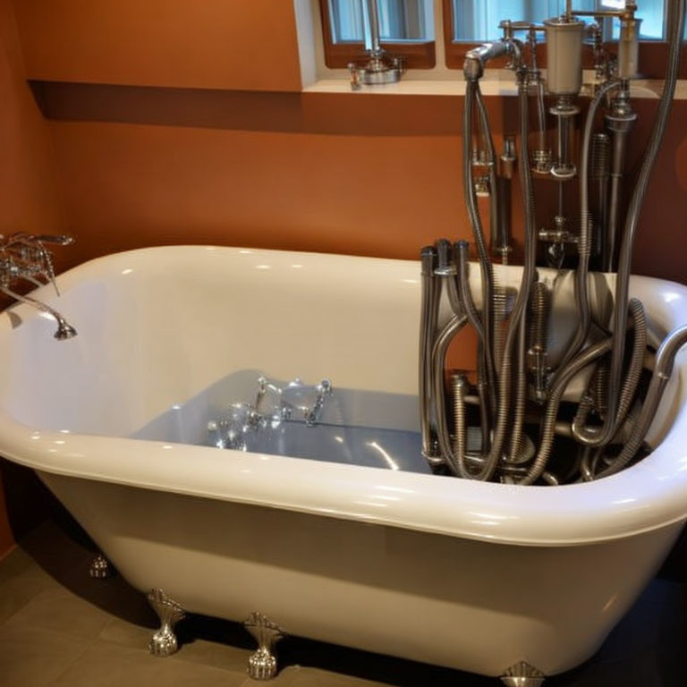 Vintage white claw-foot bathtub with silver fixtures and multiple shower hoses in orange bathroom