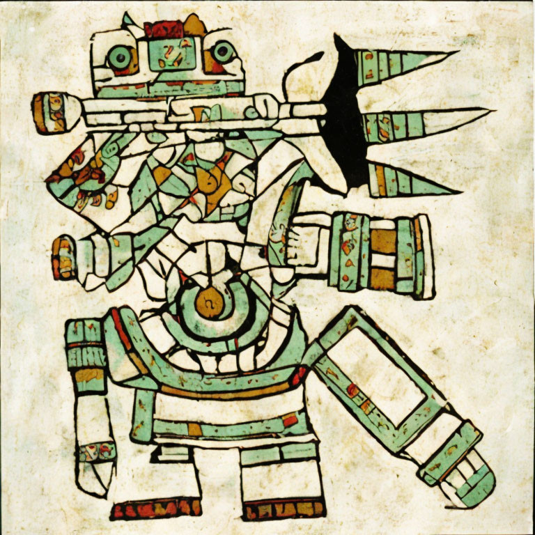 Vibrant Mesoamerican Artwork of Mythical Warrior with Bird-like Mask