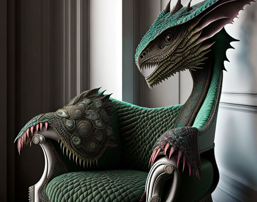 Detailed digital art: Green dragon with intricate scales on elegant armchair in classic room