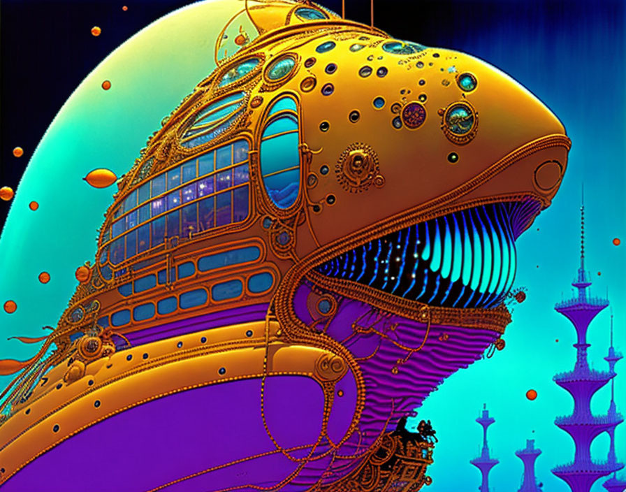 Golden fish-shaped airship in cosmic setting with intricate details