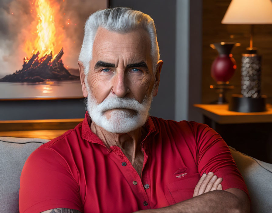 Silver-bearded man in red polo shirt in cozy room