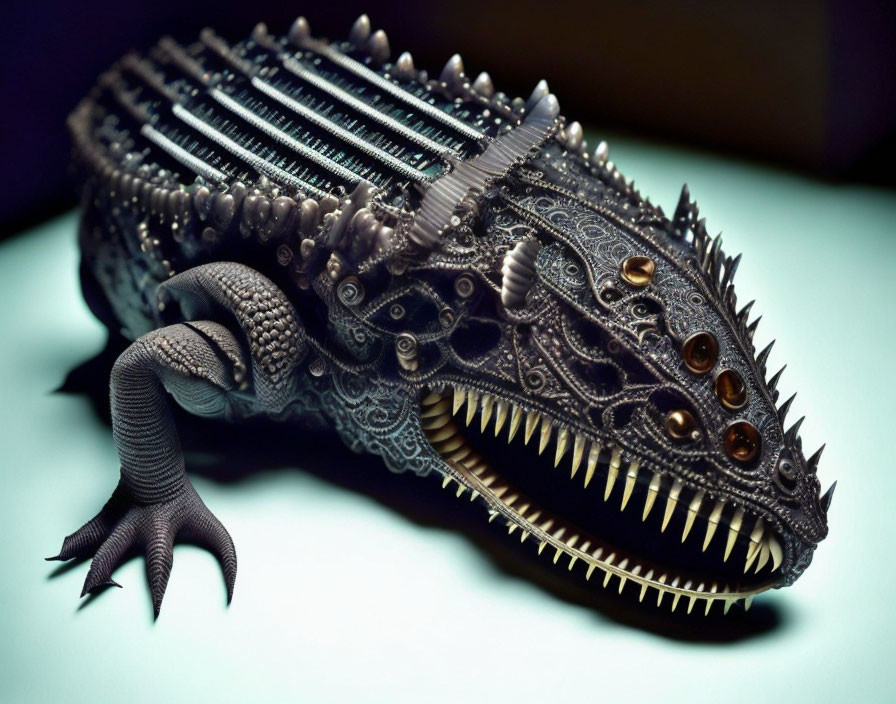 Dragon head sculpture with metal gears and intricate details on blue background