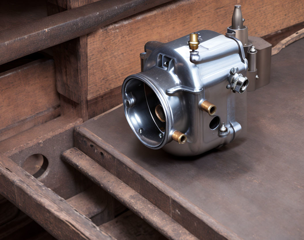 Shiny new carburetor on wooden bench with brass details