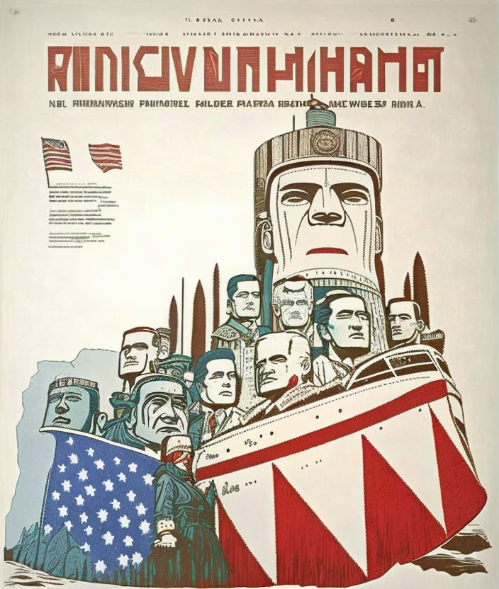 Vintage Poster Featuring Men in Suits, Totem Pole, Flags, and Cyrillic Text