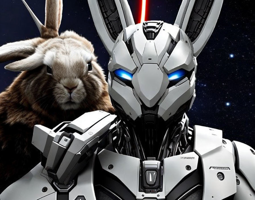 Realistic rabbit with Transformer-like robot under starry space sky