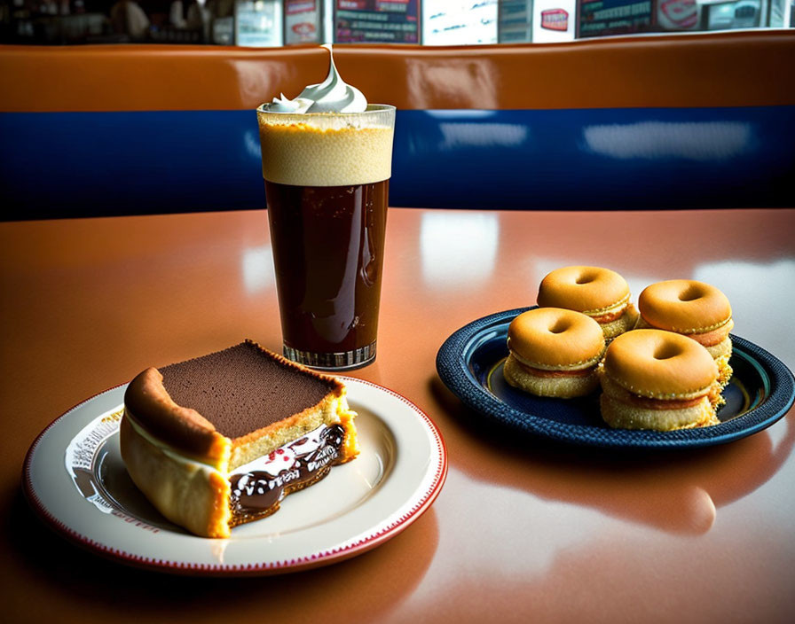 Assortment of dark beer, cheesecake, and glazed doughnuts on diner table