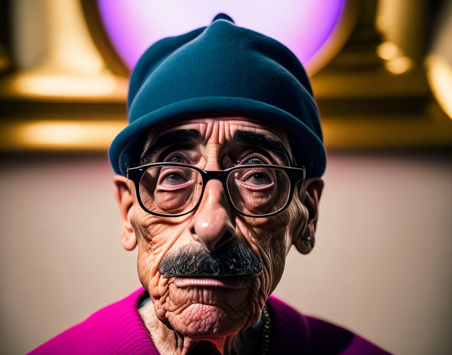 Caricatured figure with beret, round glasses, mustache & purple shirt