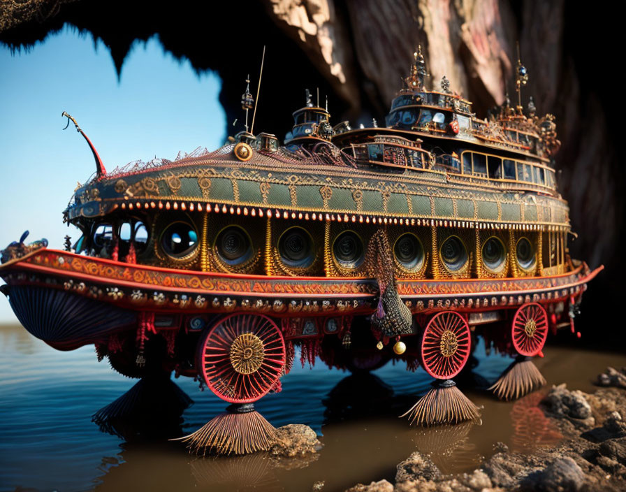 Fantastical Victorian steampunk ship in mystical cave