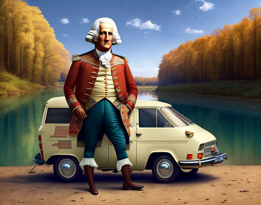 Digital art: Man in 18th-century attire with classic car by river