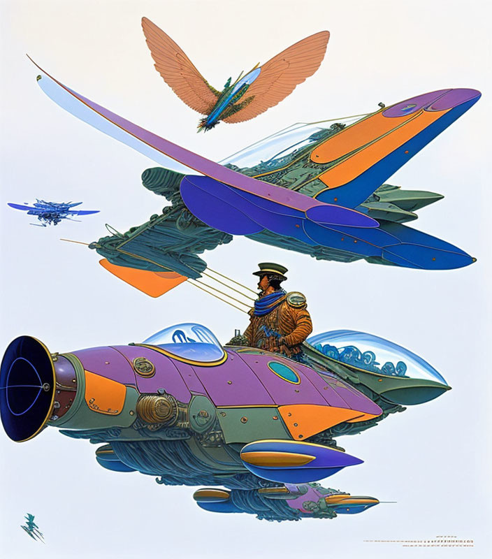 Vibrant illustration of person in high-collar coat piloting futuristic aircraft