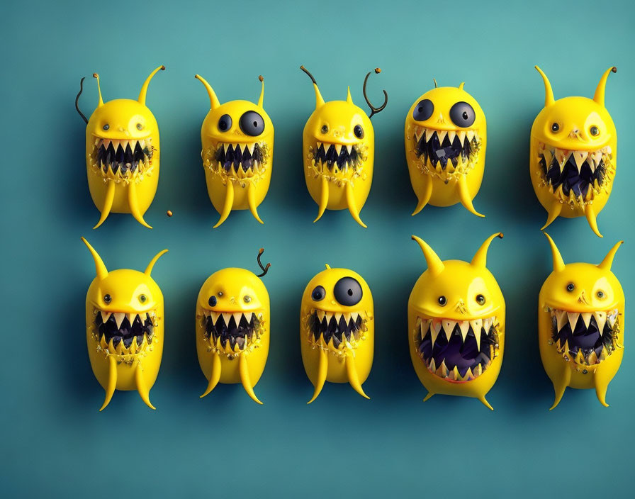 Twelve quirky yellow cartoon monsters on teal background