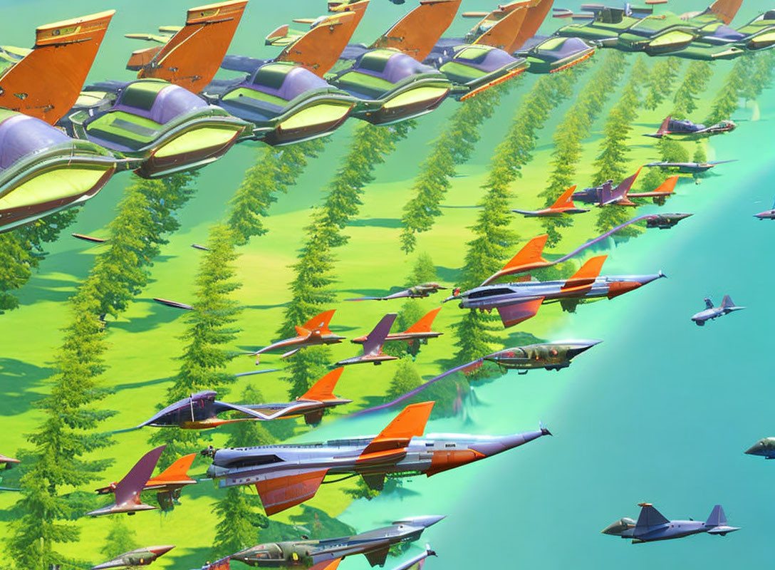 Colorful futuristic planes flying over vibrant landscape with green trees and blue river