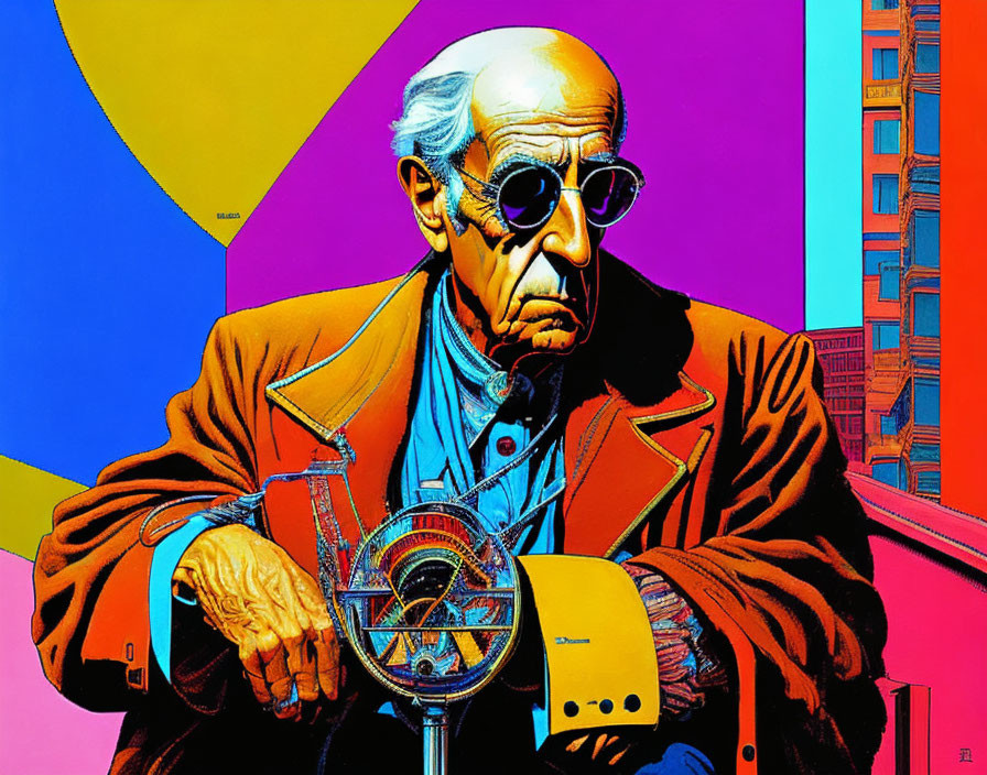 Elderly Man with Glasses and Cane in Colorful Setting