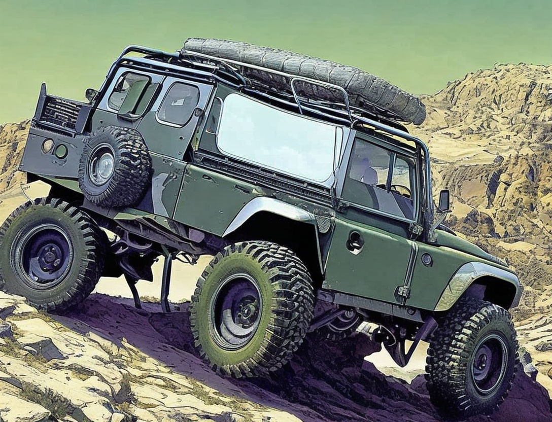 Green Six-Wheeled Off-Road Vehicle with Roof Rack on Rocky Terrain