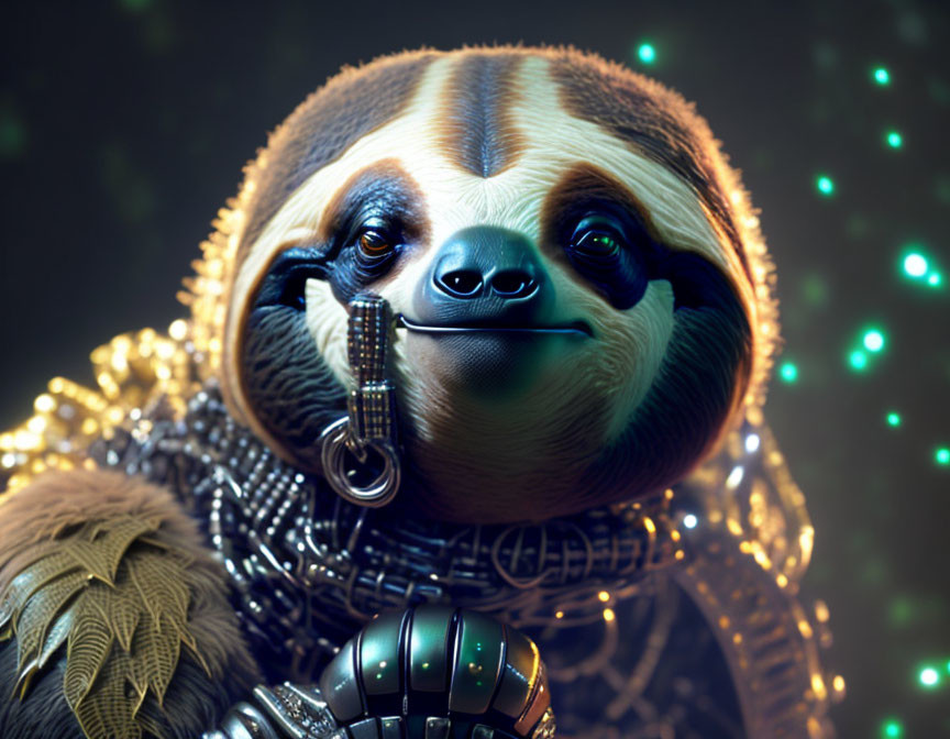 Detailed Hyper-Realistic Sci-Fi Sloth Artwork with Armor and Robotic Arm