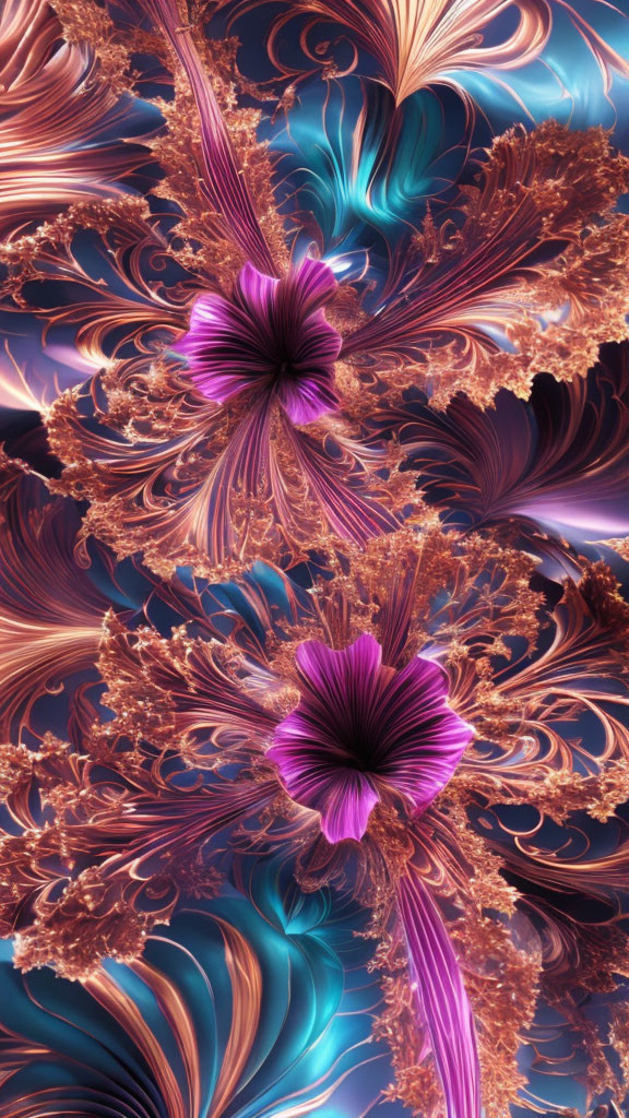 Intricate Blue and Copper Fractal Art with Purple Flower-like Structures