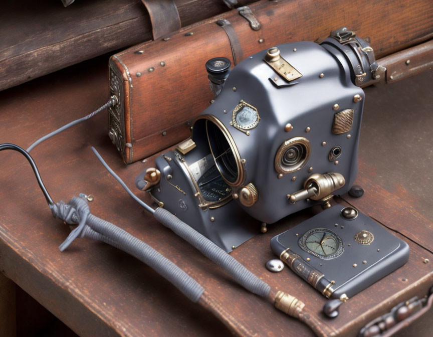 Vintage Steampunk Camera with Brass Accents and Compass