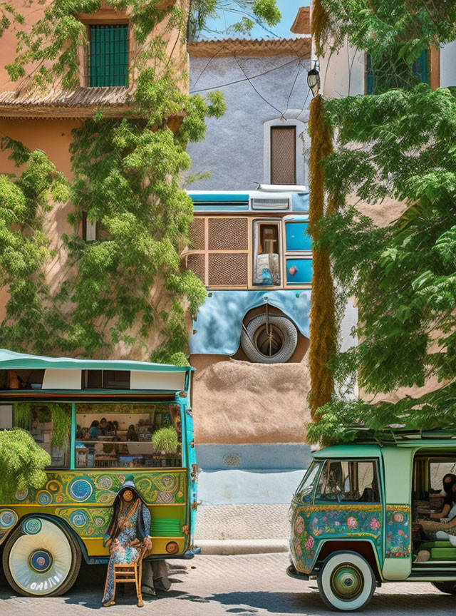 Vibrant street scene with whimsically painted bus and lush green trees