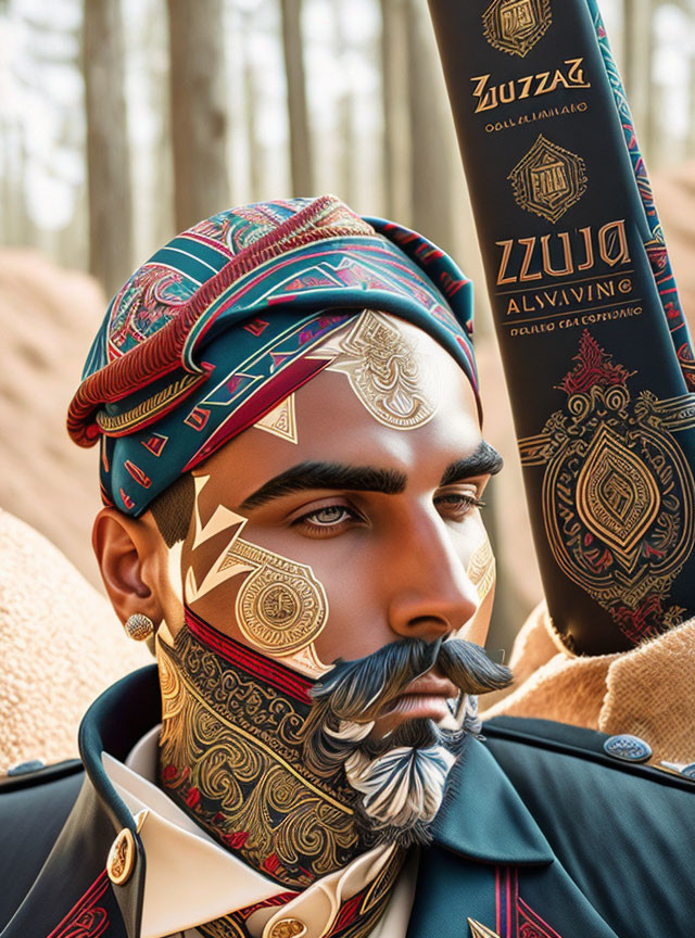 Colorful Turban Man Illustration with Decorative Bottle in Forest Setting