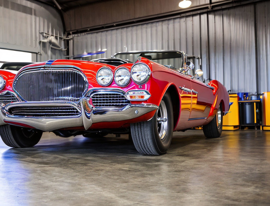 Vintage Red Car with Chrome Detailing in Bright Garage