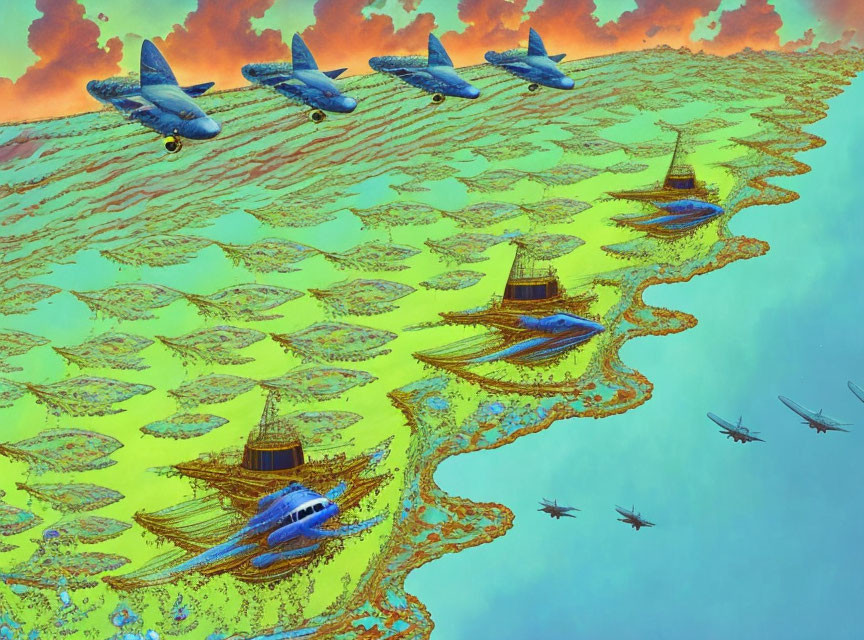 Surreal landscape with aircraft, fractal terrain, boat-like structures, orange and blue sky