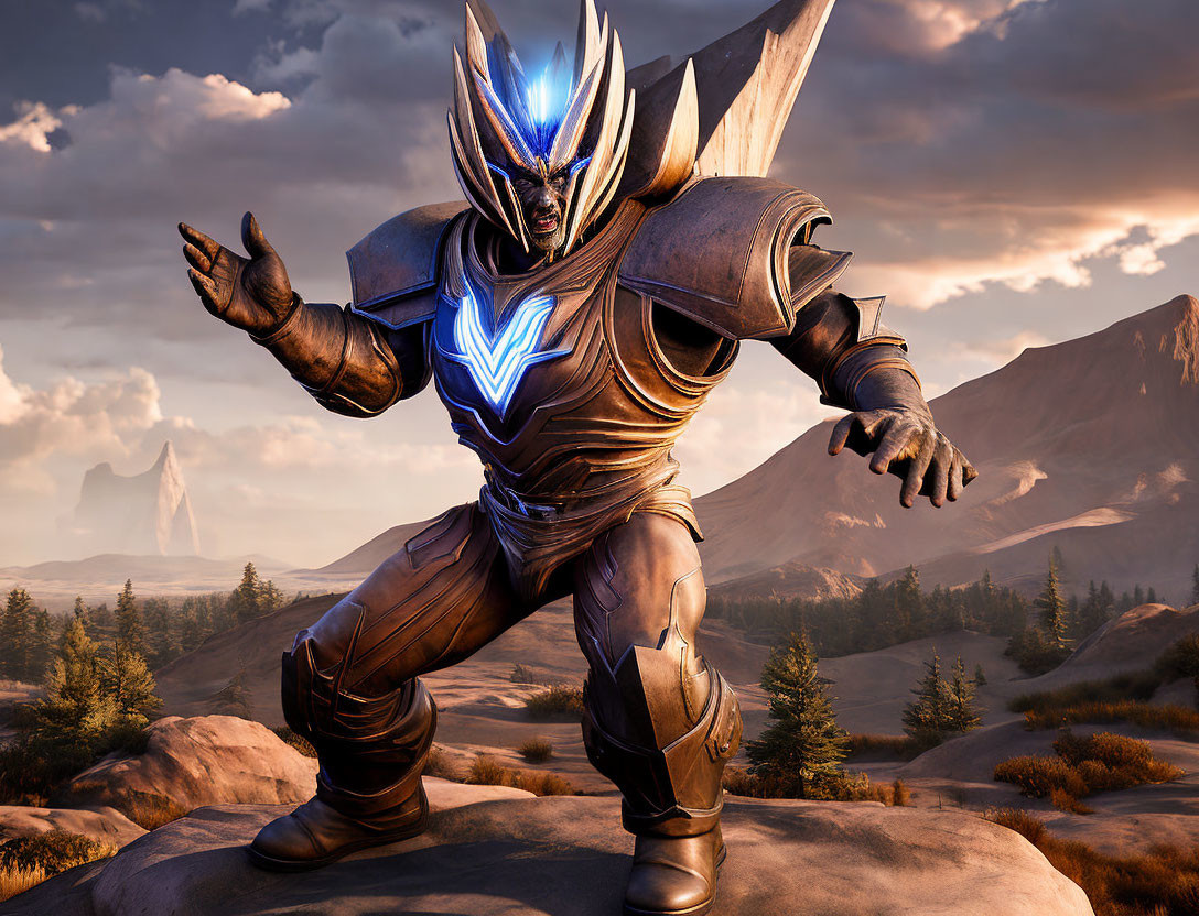 Armored figure with glowing blue accents in heroic pose in rocky desert landscape.