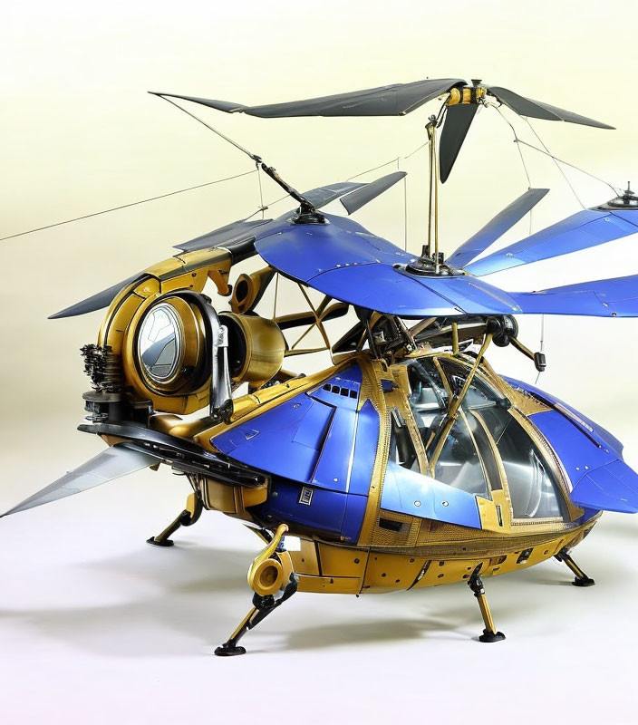 Steampunk-style helicopter with dual rotors and glass cockpit