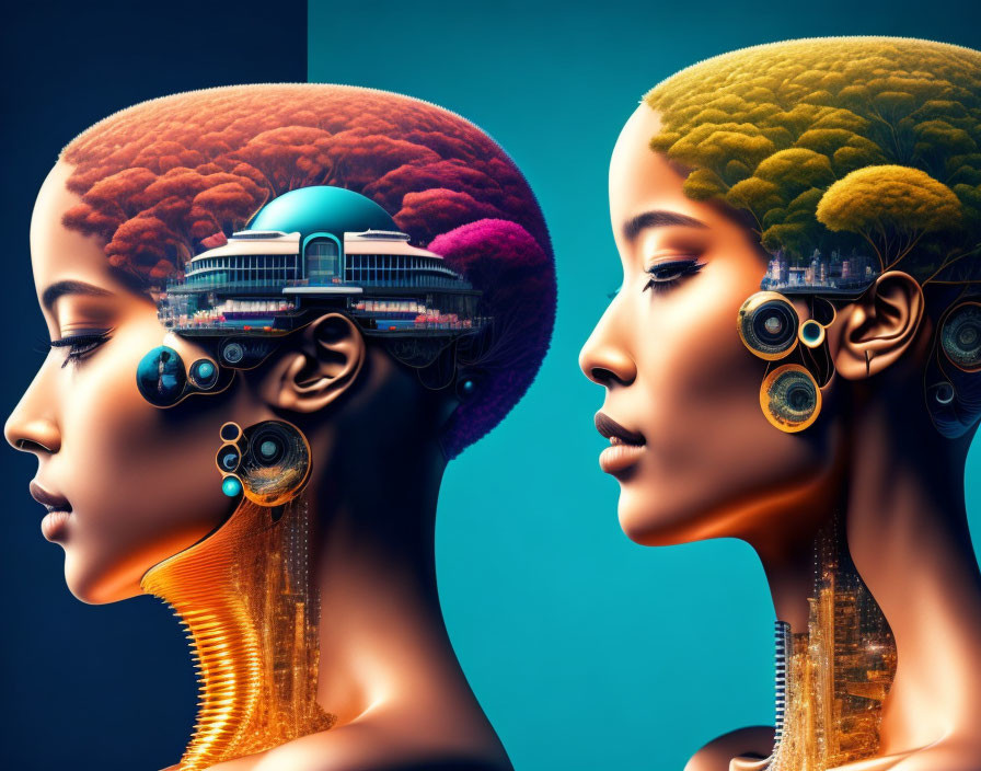 Female figures with exposed mechanical brains in red and yellow hues against futuristic cityscapes.