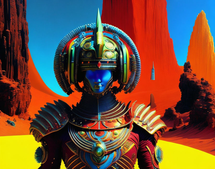 Futuristic warrior in ornate armor against desert landscape