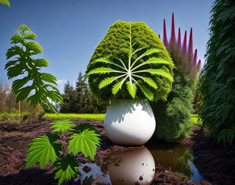 Digitally altered image: Oversized plants from reflective egg on ground