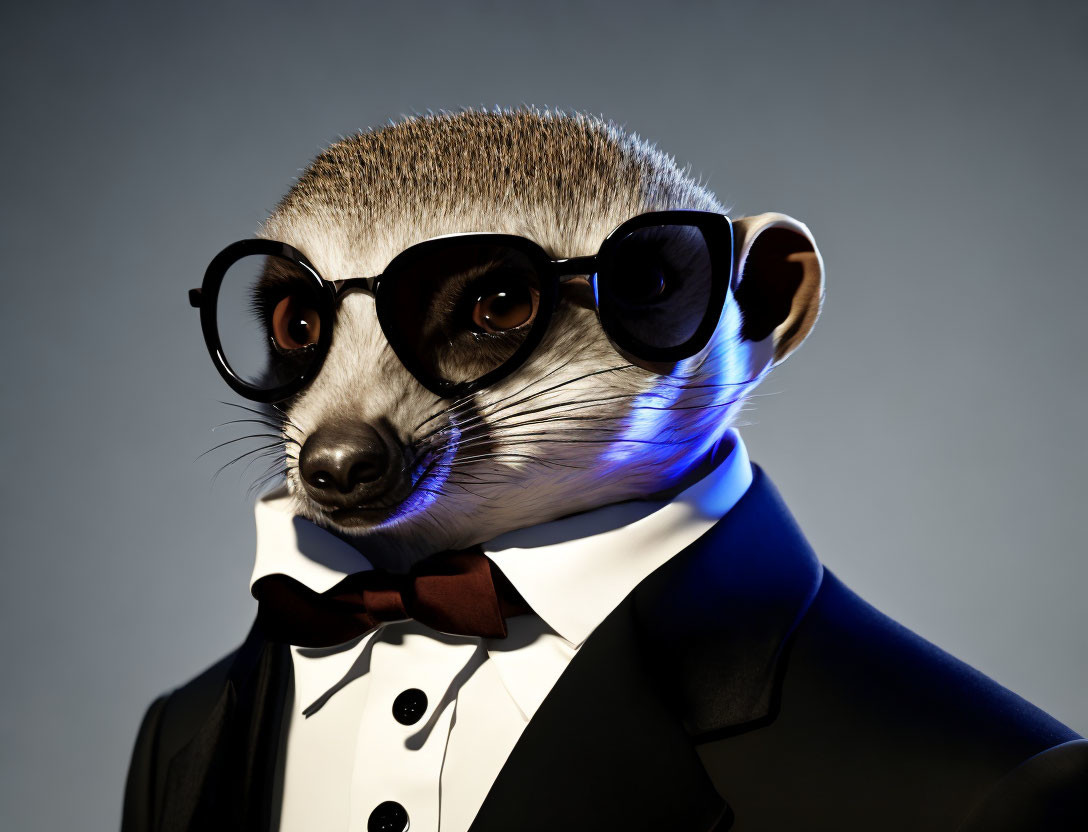 Sophisticated meerkat in round glasses and tuxedo on gradient background