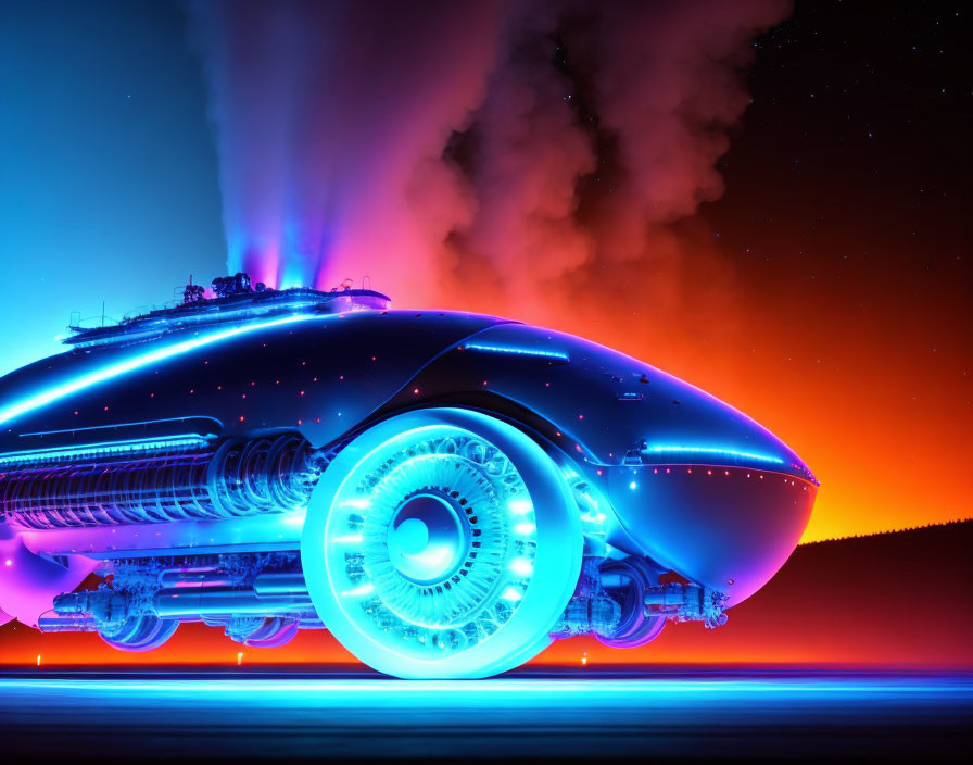 Futuristic vehicle with glowing wheels emits blue neon lights into twilight sky