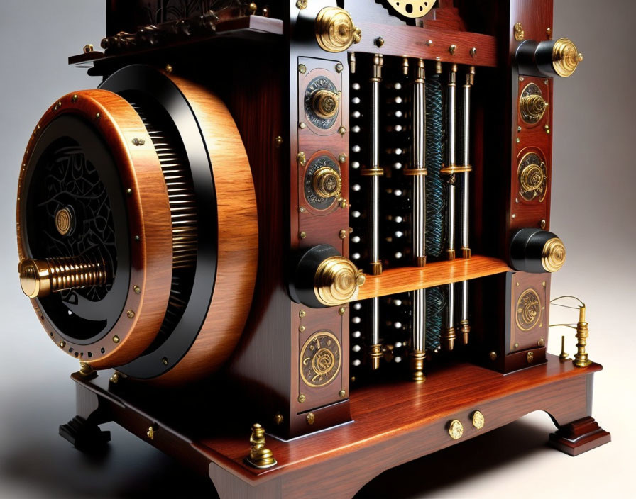 Steampunk-inspired device with wood and brass elements and intricate detailing.