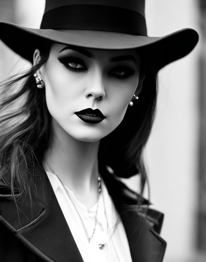 Monochrome portrait of woman with dark lipstick and wide-brimmed hat