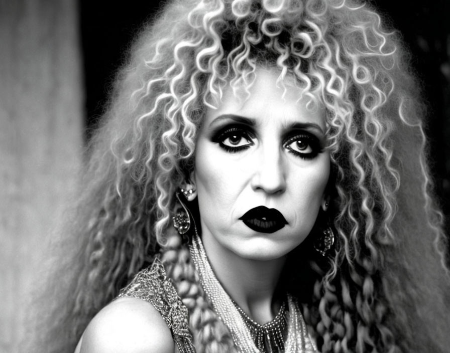 Monochrome portrait of woman with voluminous curly hair and dark lipstick