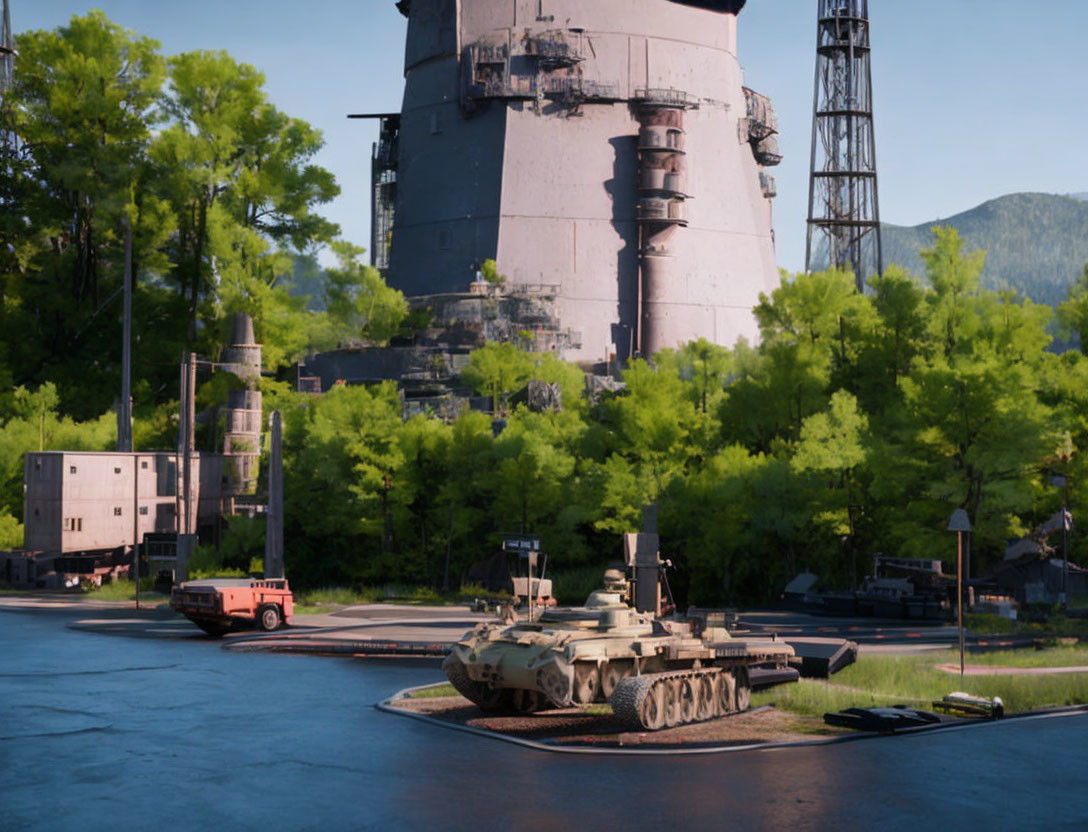 Military tank parked on concrete near industrial tower and green trees