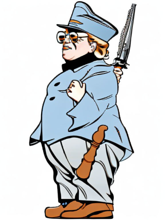 Plump character in blue uniform with sword and wooden leg