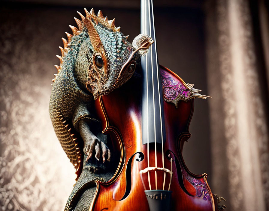 Chameleon on Violin with Detailed Skin Texture