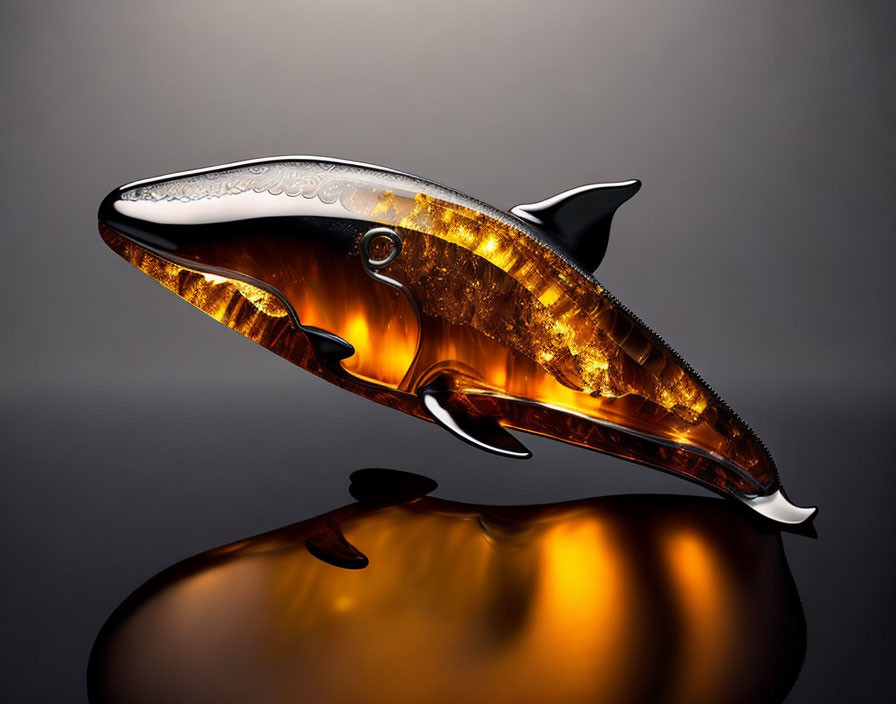 Whale-shaped glass bottle filled with amber liquid on dark surface