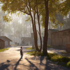 Tranquil village scene with person walking on dusty road surrounded by trees