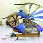 Steampunk-style helicopter with dual rotors and glass cockpit