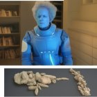 Female humanoid robot in blue armor with blurred spacecrafts.