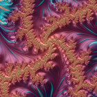 Intricate Blue and Copper Fractal Art with Purple Flower-like Structures