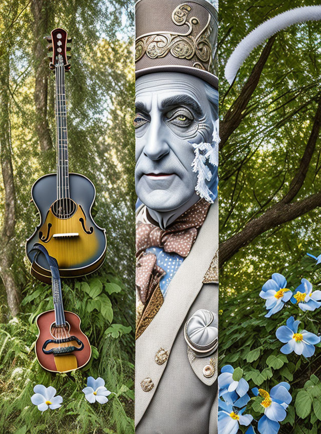 Surreal aristocrat figure with guitar bodies in forest setting