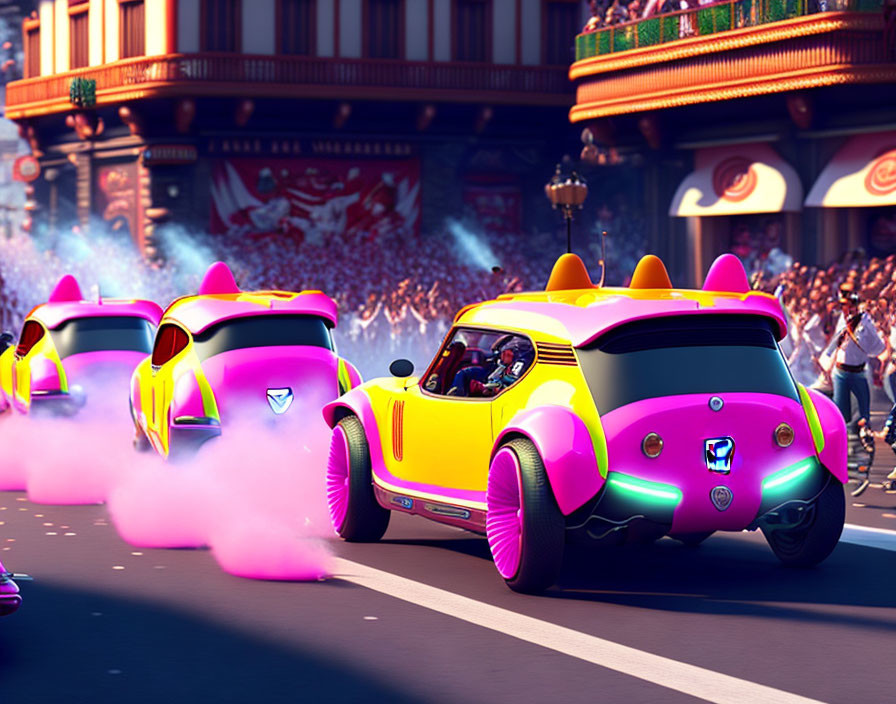 Vibrant animated racing cars with pink smoke and cheering crowd