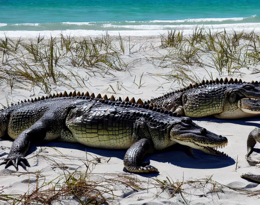 Two alligators on sandy beach with ocean and dune grass.